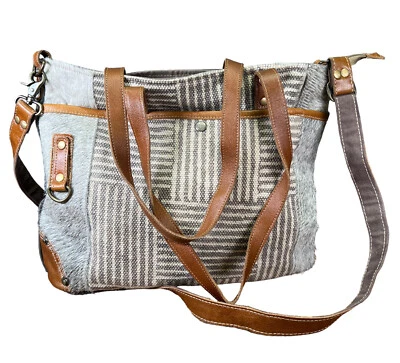 Myra Bag Mystique Messenger Bag Upcycled Canvas & Leather Cow Hair - Image 1 of 4