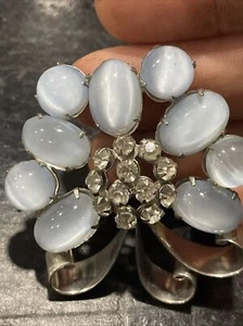 Vintage Moonstone And Rhinestone Silver Tone Brooch Unsigned - Picture 1 of 10