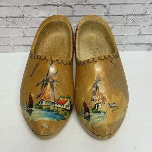 Vintage Pair of Wooden Holland Shoes Wall Hanger Painted Windmill House Forest - Picture 1 of 12