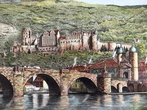 Ungerahmte deutsche Künstler Ernst Geissendorfer signierte Radierung - SCHLOSS HEIDLEBURG - Bild 1 von 7
