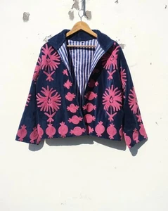 Indische handgefertigte blaue Suzani Blumen Baumwolle Unisex Jacke Damenbekleidung Jacke - Bild 1 von 4