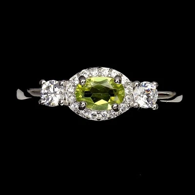925 Sterling Silver Oval Ring with Simulated Peridot and Zirconia Gemstone,... - Image 1 of 4