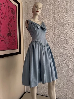 1940s party dress-Ice blue grey-Moire rhinestone rockabilly cocktail-Vintage-S/M - Image 1 of 4