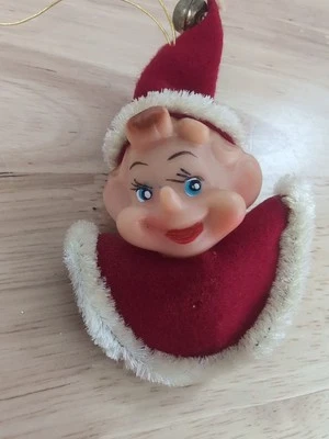 Vintage Mid Century Pixie Elf Head Ornament Rare Red Hat Bell 4” - Image 1 of 4