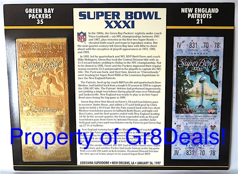 SUPER BOWL 31 ~ PACKERS / PATRIOTS NFL 22 KT GOLD SB XXXI TICKET Willabee & Ward Cover