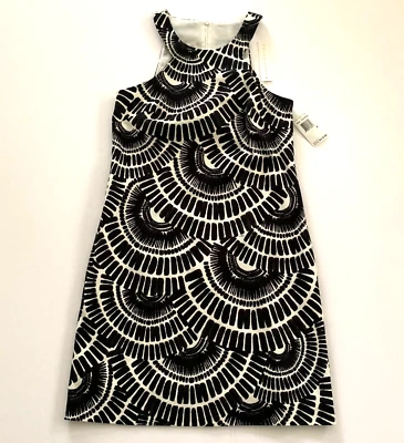 NWT Trina Turk Textured Cotton Sheath Shift Dress 2 XS Fan Tribal Black White - Image 1 of 4