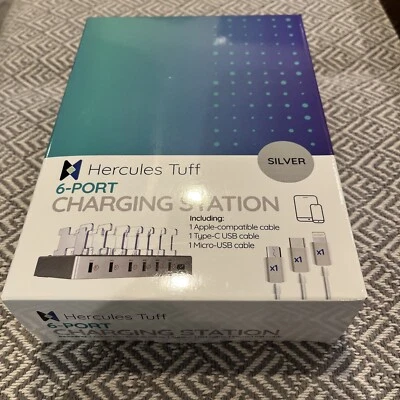 Hercules Tuff LED Charging Station for Multiple Devices 6 USB Fast Ports, SILVER - Image 1 of 4