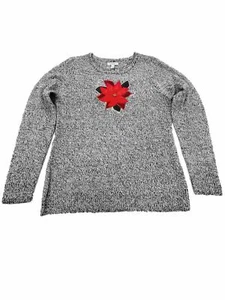 Womens Black & White Red Poinsettia Long Sleeve Knit Sweater Top Shirt S - Picture 1 of 2