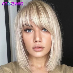 Short Straight Blonde Bob Wig With Bangs for Fashion Women Natural Looking Wigs - Picture 1 of 5