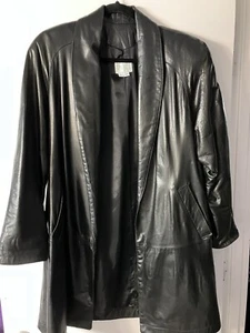 Vintage Vakko Real Leather Knee Length Black Jacket Womens Size Small 1980s - Picture 1 of 6