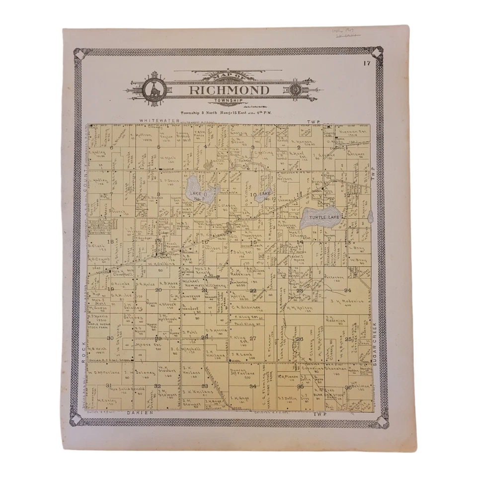 Mapa Atlas Plat de colección 1907 ~ municipio de Richmond condado de Walworth Wisconsin #17 Foto 1 de 4