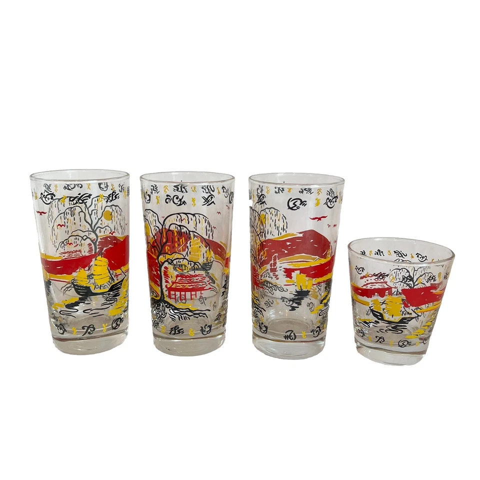 4 MCM VTG Libby Asian Inspired  DRINK GLASSES RED AND GOLD EXCELLENT CONDITION - Image 1 of 4