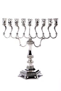 Traditional Silver Plated Menorah Hexagon Adorned Base For Oil Or Candles 14" T - Picture 1 of 1