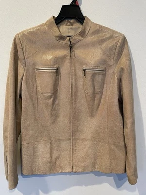 ALFANI Women’s Genuine Leather Jacket Size Large Beige Full Zip 2 Pockets  - Image 1 of 4
