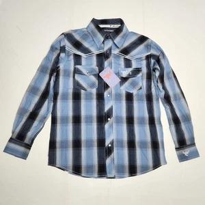 Cowboy Hardware Pearl Snap Shirt Boys Youth Medium 7/8 Blue Plaid Western NWT - Picture 1 of 10