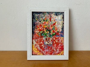 Blumenstrauß aus roten Blumen Ölgemälde auf Malkarton Original Gerahmt Gemälde - Picture 1 of 6
