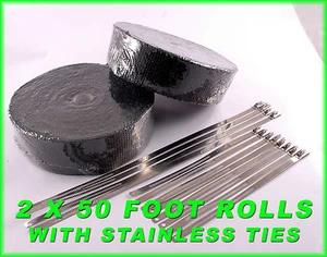 BLACK THERMAL EXHAUST PIPE HEADER WRAP 2 ROLLS 2 X 50 FT STAINLESS LOCKING TIES - Picture 1 of 1