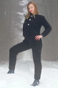 SuperTanya black fluffy mohair catsuit thick ski bodysuit ready to ship size M - Imagen 1 de 10
