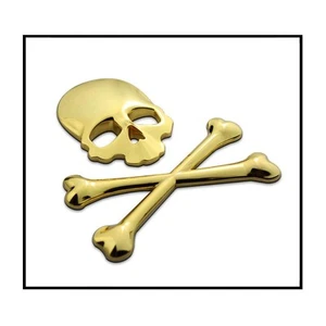 ( 2pc ) 3D Gold Skull n Cross Bones Logo Emblem Sticker Real Metal -Not Plastic- - Picture 1 of 1