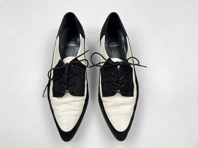 Stuart Weitzman Derbies Flats Women 7.5M Pointed Toe Lace-up Black White - Image 1 of 4