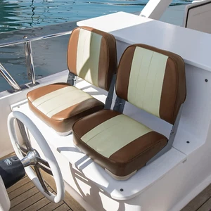 Set of 2 Low Back Boat Seats Brown Sand Marine Grade Vinyl Folding Pontoon Seat - Picture 1 of 6