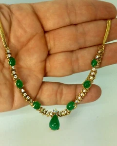 12.52ct Colombian AAA Emerald Cabochon & Diamond Necklace & Earring Set 14K Y.G - Picture 1 of 13