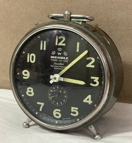 Vintage Wehrle Alarm Clock Three-in-One Western Germany 1960 Table Works Jewels Cover