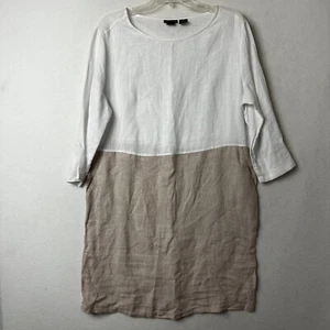 Tahari dress sz L 100% Linen Shift colorblock tan white button up back neutral - Picture 1 of 6