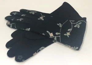 Ladies Black Silver Floral Backed Gloves Warm Cosy Felted Material one size - Picture 1 of 5
