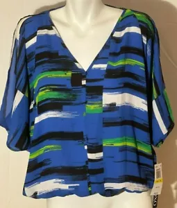 Women Top Shirt Blouse Blue Black White Medium XOXO Loose Oversize New NWT - Picture 1 of 10