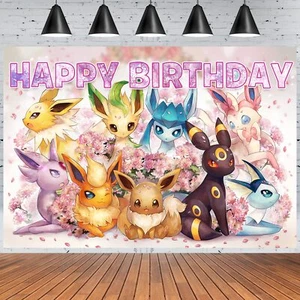 Eevee Aesthetic Evolutions Happy Birthday Backdrop Banner  Party Supplies 5x3ft - Picture 1 of 6