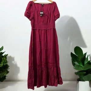 PAIGE Burgundy Cotton Eyelet Maxi Dress Puff Sleeve Smocked Waist Size XL - Picture 1 of 3
