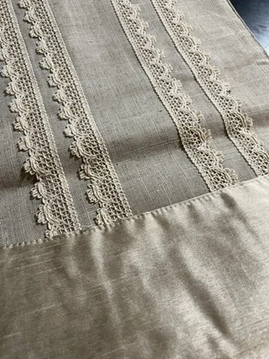 Bella Lux Table Runner 13x72 Tan Cottage Chic Crotchet Linen Poly Neutral New - Image 1 of 4