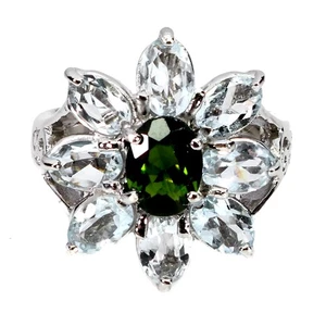 925 Sterling Silver Ring Oval Chrome Diopside 8x6mm Aquamarine Gemstone Size 7 - Picture 1 of 13