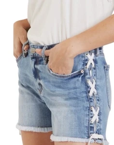 Pantaloncini casual Dear John stringati invecchiati orlo grezzo blu denim preppy taglia 27 - Foto 1 di 7