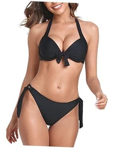 Women's Two Piece Bikini Sets Push Up Halter Bikini Bathing Suit Medium Black - Picture 1 of 7