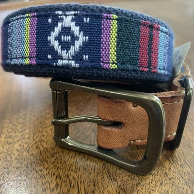 Lands End Canvas 1963  Brown Leather Woven Printed Belt Brass Buckle 34” - Image 1 of 4