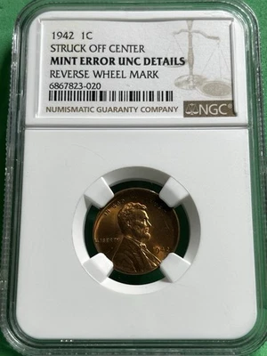 1942 Lincoln 1c STRUCK OFF CENTER MINT ERROR UNC DET. REVERSE WHEEL MARK NGC - Image 1 of 2