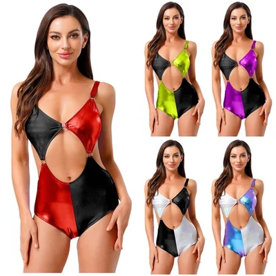 DE Damen Sexy Sling Badeanzug glänzend Body Bodysuit Einteiler Bademode Clubwear - Bild 1 von 3