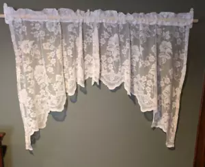 Vintage White Lace Swag Valance Curtain Set Floral Pair 1 Window 29" x 35" - Picture 1 of 6