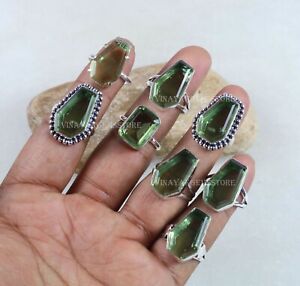 5 Pieces Green Peridot Faceted Silver Plated Coffin Shape Rings Jewelry For Gift