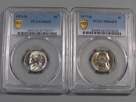 2 BU Nickels PCGS 1974-d MS65 & 1977-d MS64 FS (Full Steps).  #42 Cover