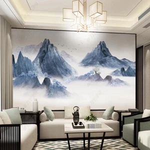 Vlies Fototapete Wandtapete Wandbilder Blau Weißes Blumen Vogellandschaft 11386 - Bild 1 von 4