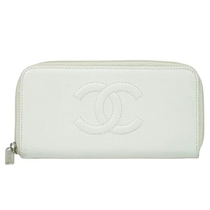 CHANEL CC Leather Round Zip Wallet White Silver - Picture 1 of 15