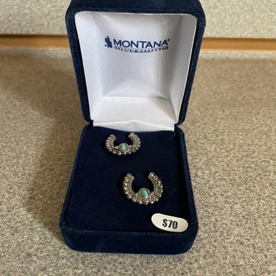 New Montana Silversmiths Turquoise Horseshoe Earrings & Box Western Cowgirl Gift - Image 1 of 4