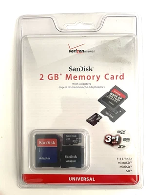 Sandisk 2GB Memory 3 in 1 MicroSD Card with Adapters Verizon Wireless NOS New - Image 1 of 4