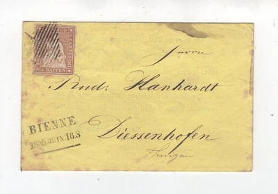 1855 Schweiz Faltbrief mit 5 Rp Strubel von Biel / Bienne nach Diessenhofen - Bild 1 von 2