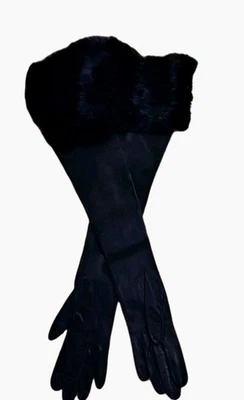 24"Black Kid Leather Gloves 7"Rich Black Mink Cuff 7.5 France Soft Luxury Mint  - Image 1 of 4