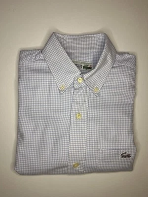 Camisa masculina vintage chemise Lacoste manga longa xadrez azul algodão botão 38 - Imagem 1 de 4