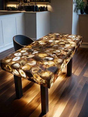 Mesa de centro de lujo retroiluminada de ágata marrón piedras preciosas consola escritorio losa de piedra Foto 1 de 4